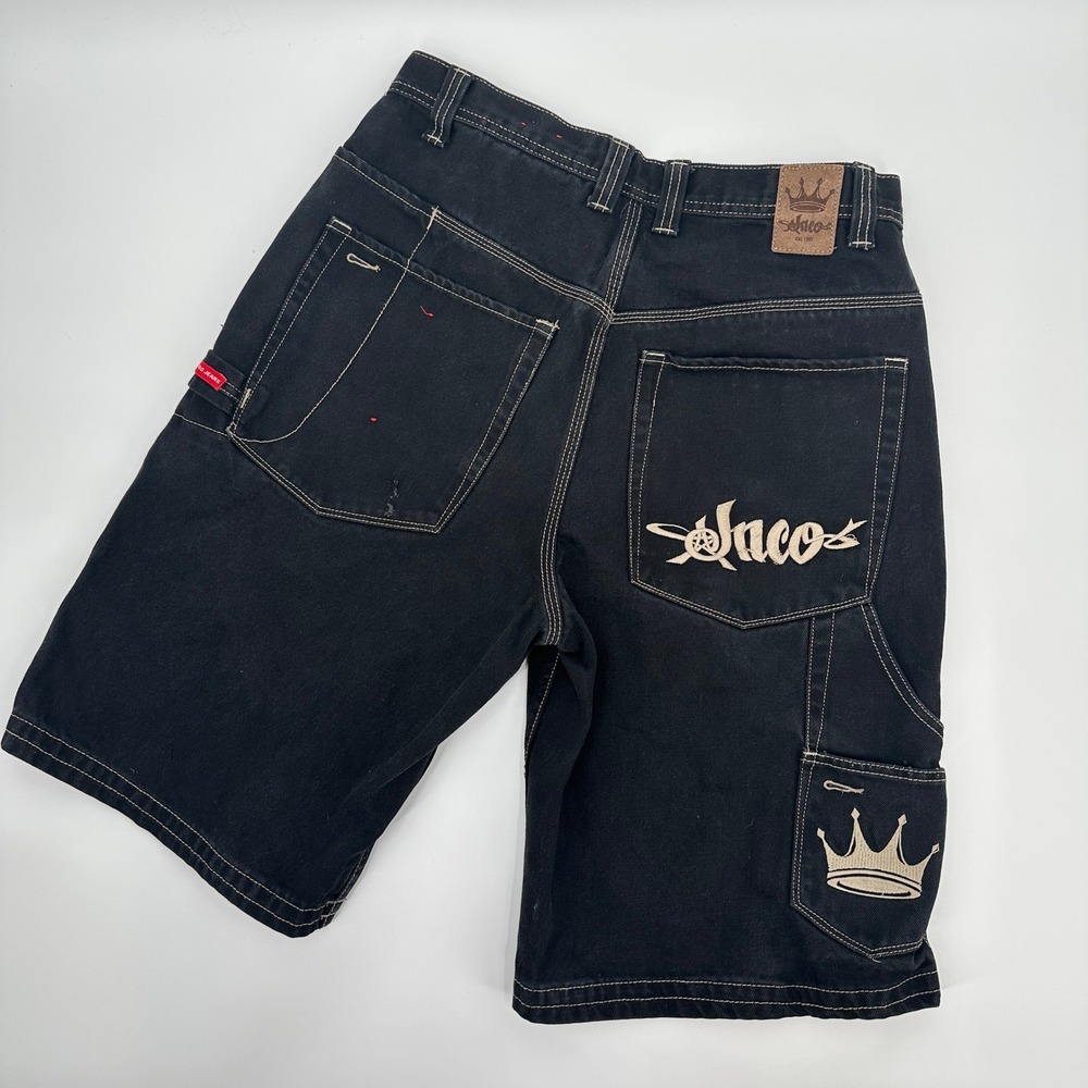JNCO‎ Jeans Mens Black Baggy Cargo Carpenter Shorts Embroidered Crown Size 34 - Picture 5 of 10